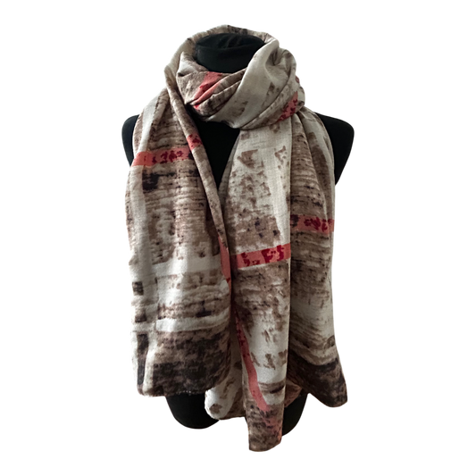 Damen Schal Tuch Braun Creme Rot Muster Herbst Winter Elegant Viskose