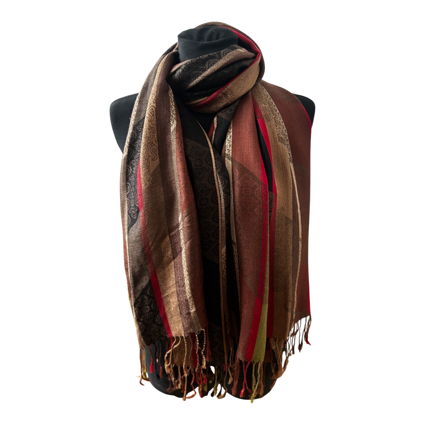 Damen Schal Tuch Streifen Muster Braun Beige Rot Grün Elegant Grosse Winter Chic