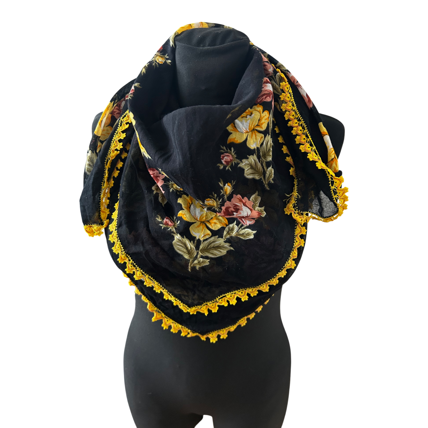 GökkuSagi Dreieckstuch Schal Damen Blumen Schwarz Gelbe Spitze Baumwollmix