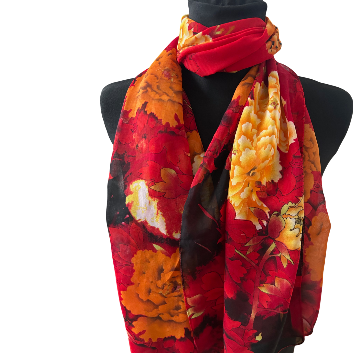Damen Schal Blumen Rot Gelb Schwarz 145 x 50 cm Polyester