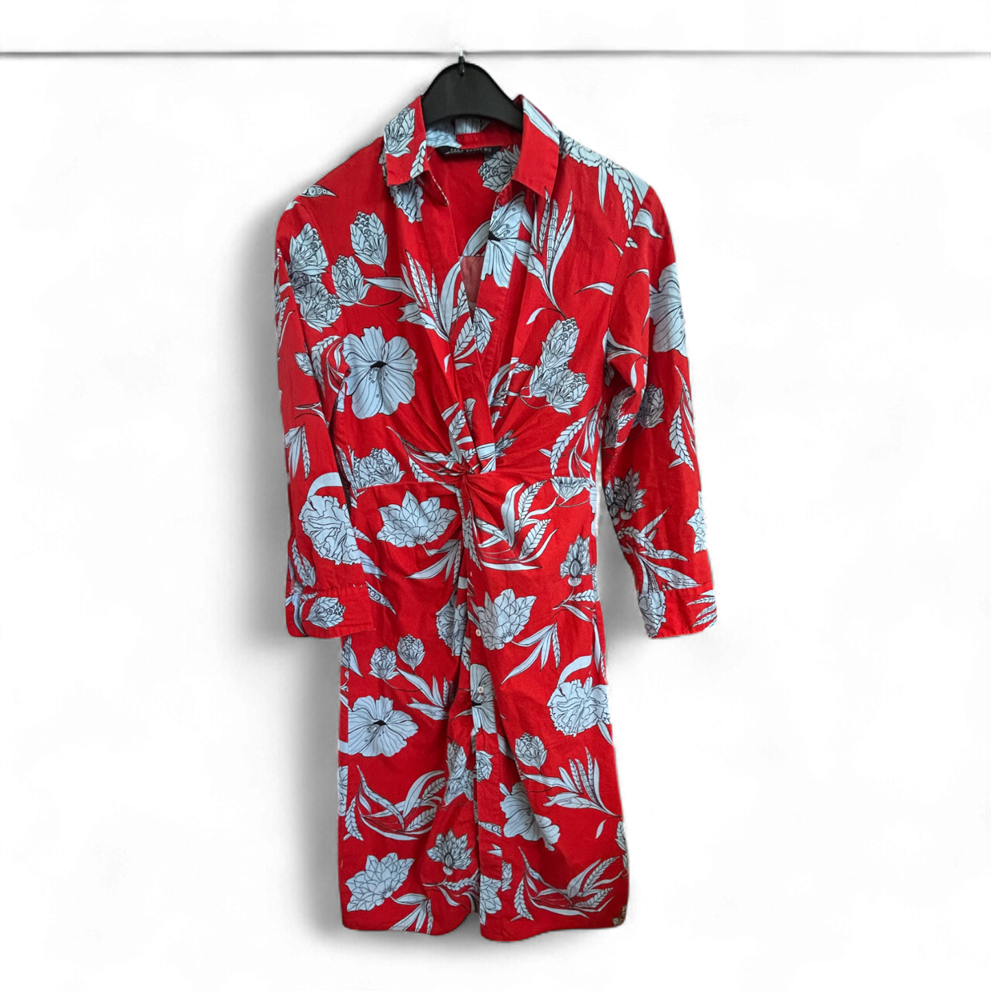 Zara Woman Kleid Damen Dress Damenkleid Gr. XS Rot Blumen Baumwolle Sommer Hemd