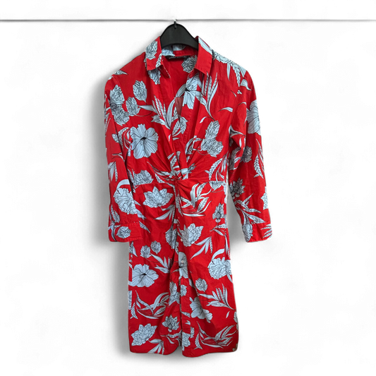 Zara Woman Kleid Damen Dress Damenkleid Gr. XS Rot Blumen Baumwolle Sommer Hemd
