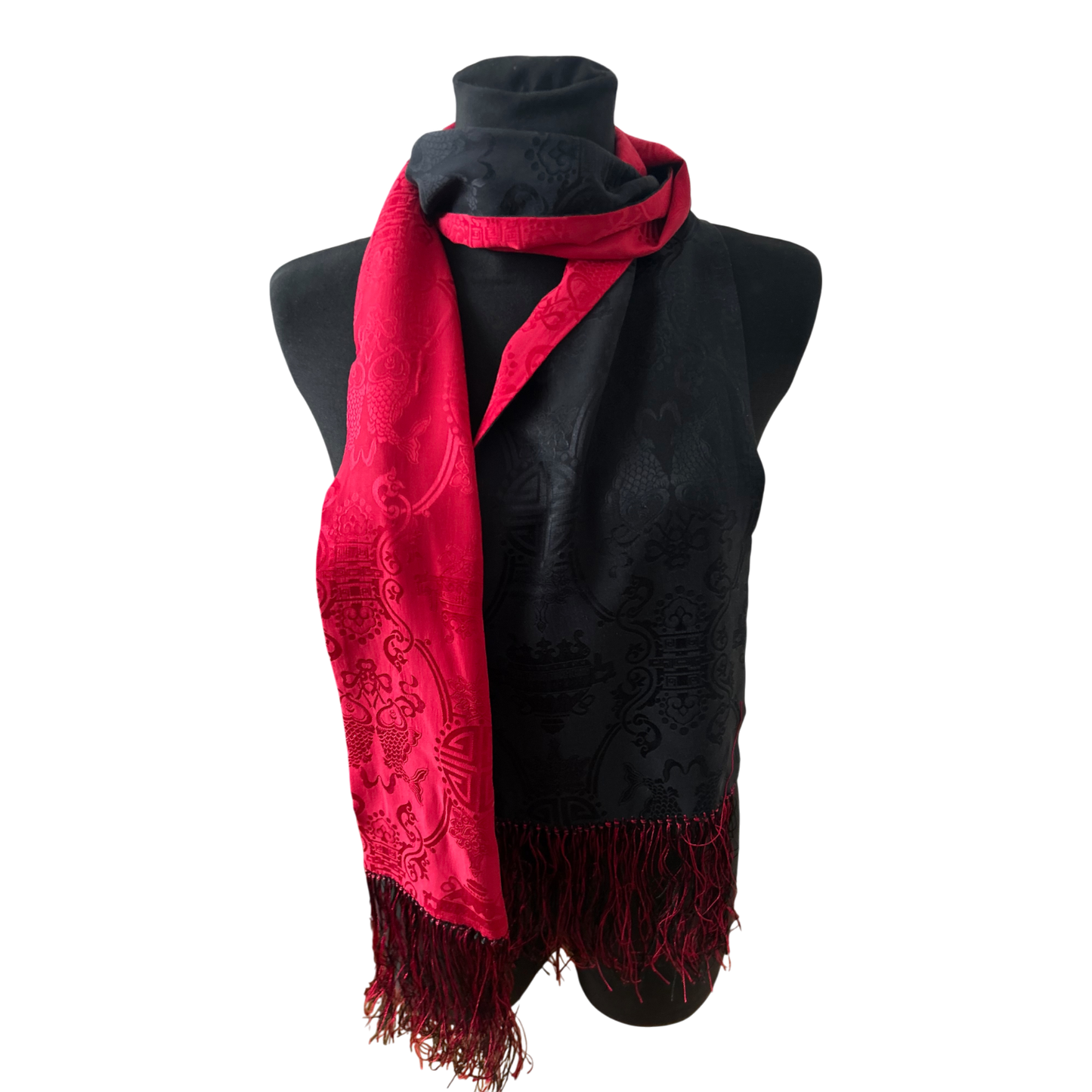 Damen Seidenschal Rot Schwarz Asia Muster 170 x 21 cm