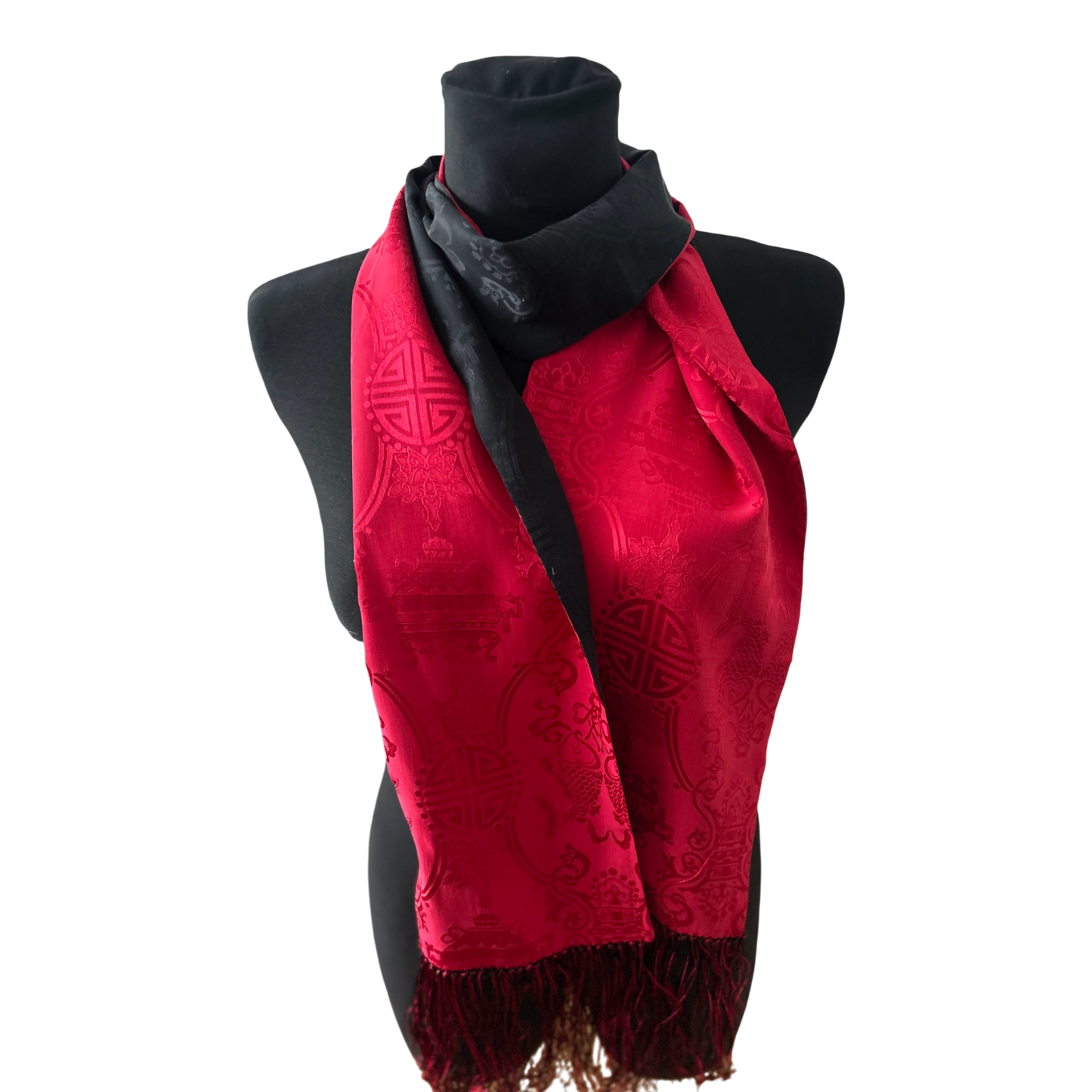 Damen Seidenschal Rot Schwarz Asia Muster 170 x 21 cm