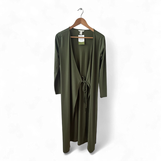 H&M Kleid Damen Dress Damenkleid Gr. S Khaki Wickelstil Stretch Mantel Umhang