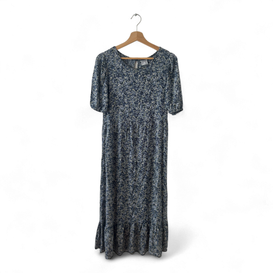 Janina Kleid Damen Dress Damenkleid Gr. 38 Blau Blumen Puffärmel Boho Vintage