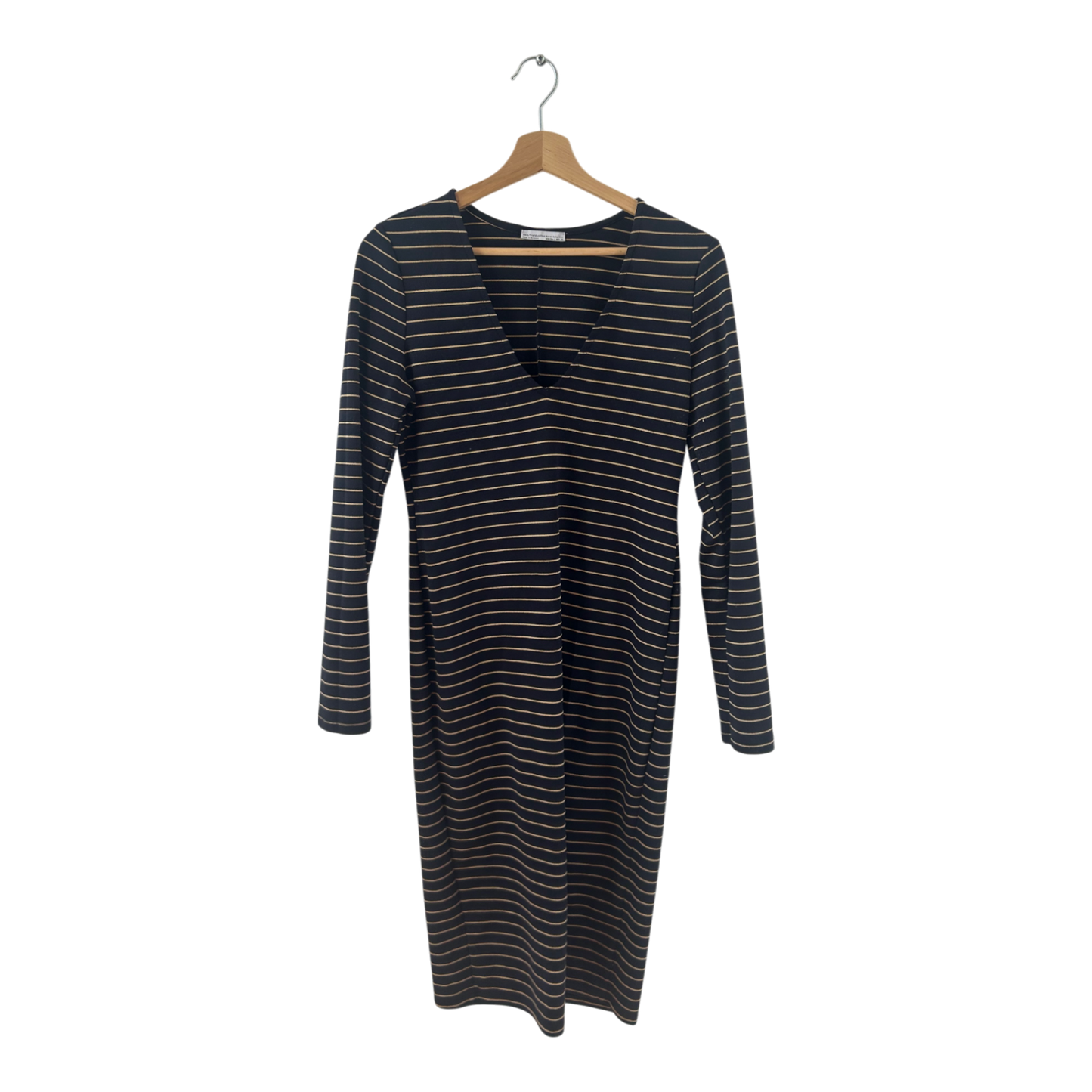 ZARA Kleid Damen Dress Damenkleid Gr. L Dunkelblau Beige Streifen Stretch Herbst