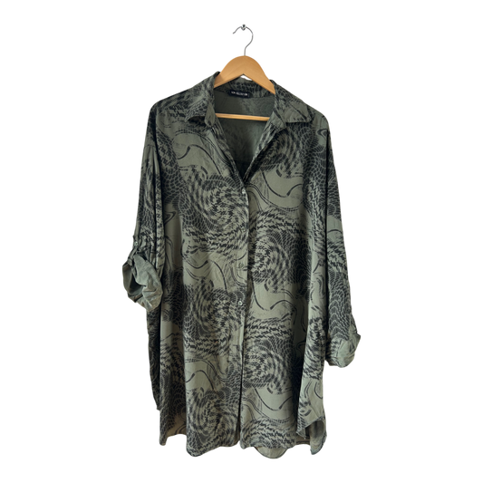 New Collection Blusenkleid XL Khaki Schwarz Muster Viskose Krempelarm Oversize Italy