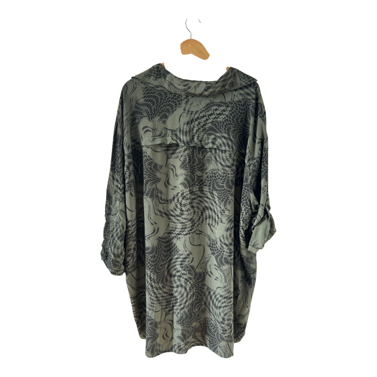 New Collection Blusenkleid XL Khaki Schwarz Muster Viskose Krempelarm Oversize Italy