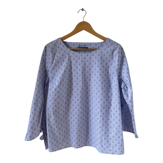 Fiora Blue Bluse Ankerprint Hellblau Gr 40 Baumwolle Schleifenärmel maritim