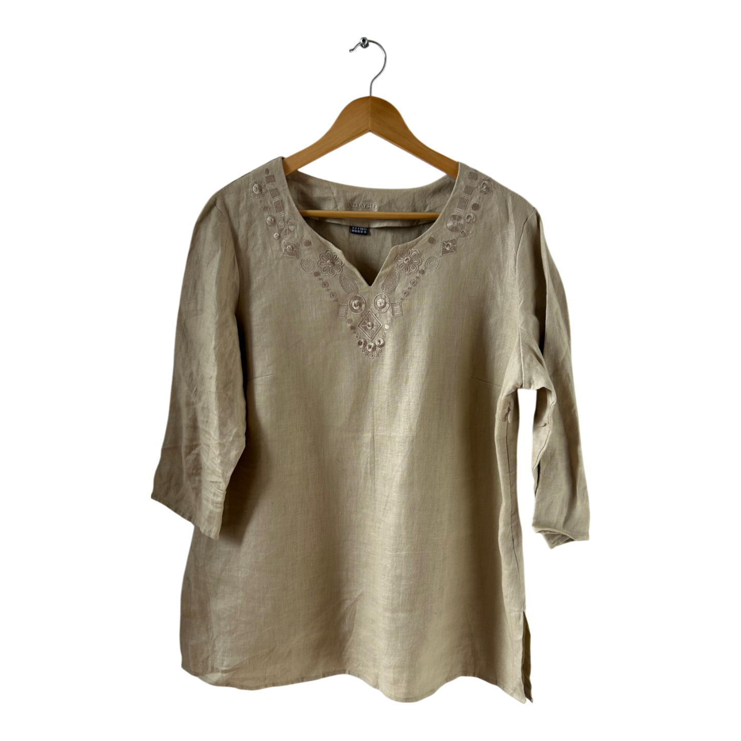 Adagio Tunika Leinen Gr 44 Natur Stickerei 3/4 Arm Sommerbluse hochwertig