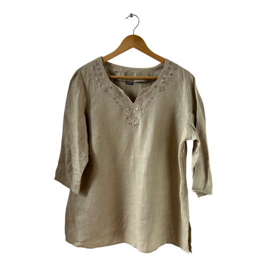 Adagio Tunika Leinen Gr 44 Natur Stickerei 3/4 Arm Sommerbluse hochwertig