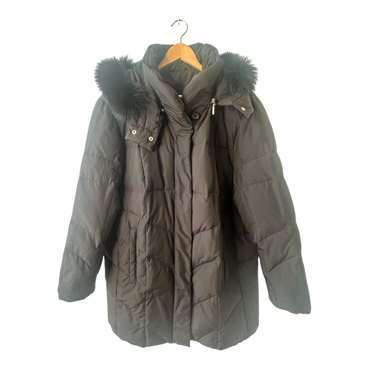 C S Outdoor Damen Daunenjacke Gr 46 Schwarz Echtdaune mit Kapuze Kunstfell