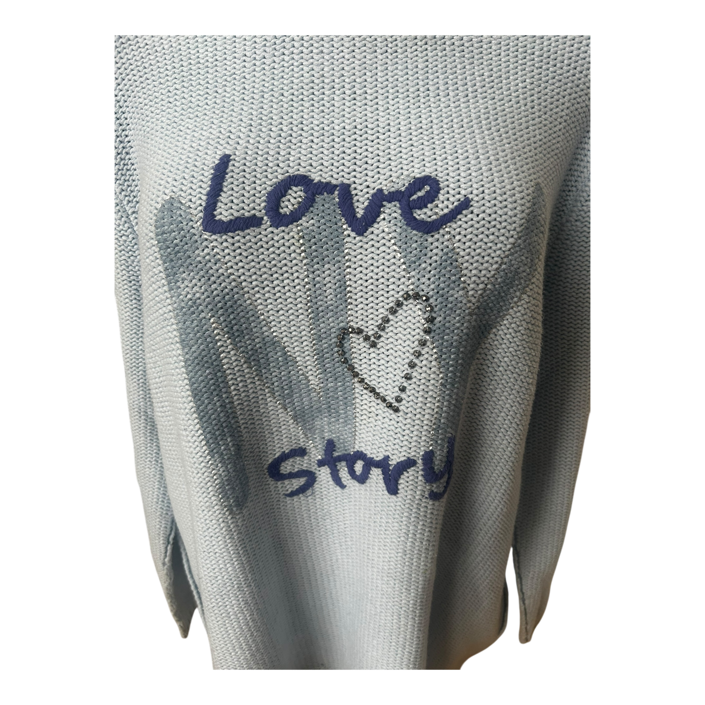 Six o Seven Pullover Damen Hellblau Oversize Langarm Grobstrick Love Print