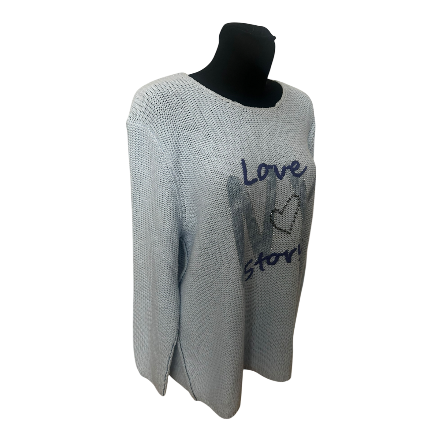 Six o Seven Pullover Damen Hellblau Oversize Langarm Grobstrick Love Print