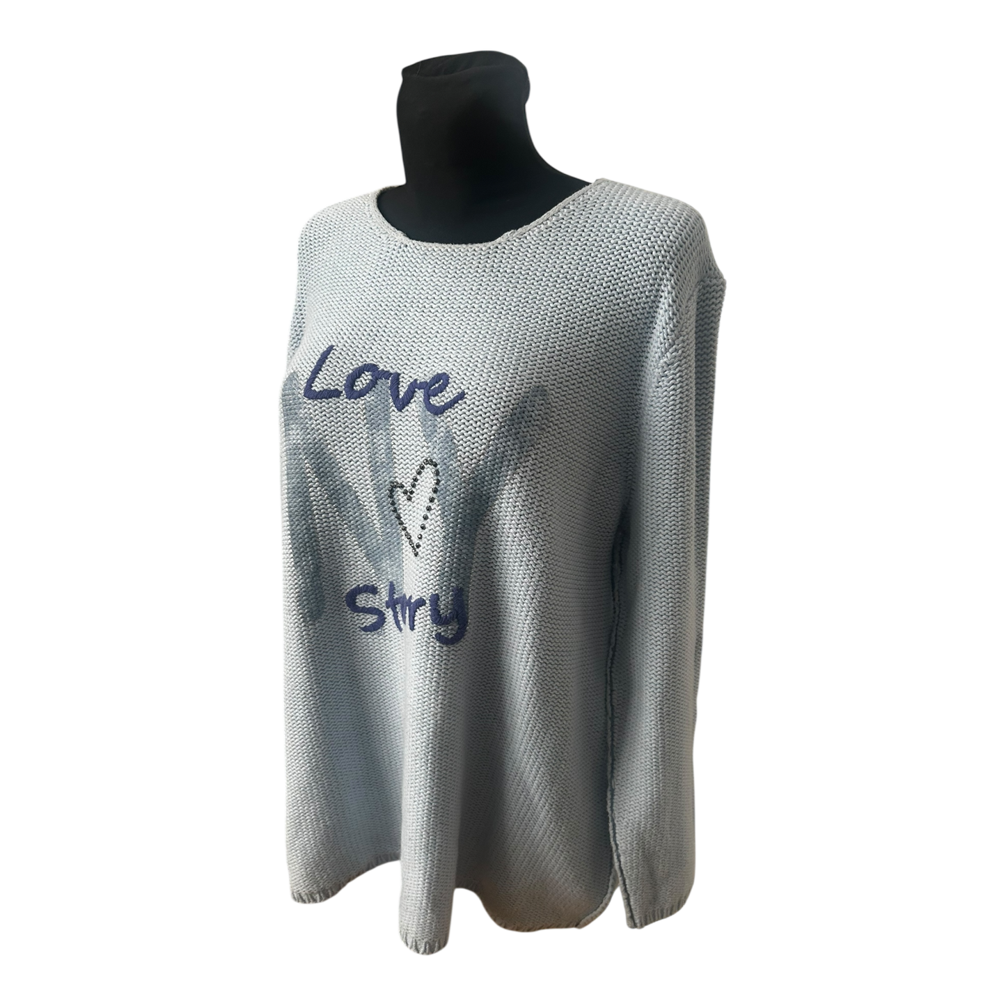 Six o Seven Pullover Damen Hellblau Oversize Langarm Grobstrick Love Print