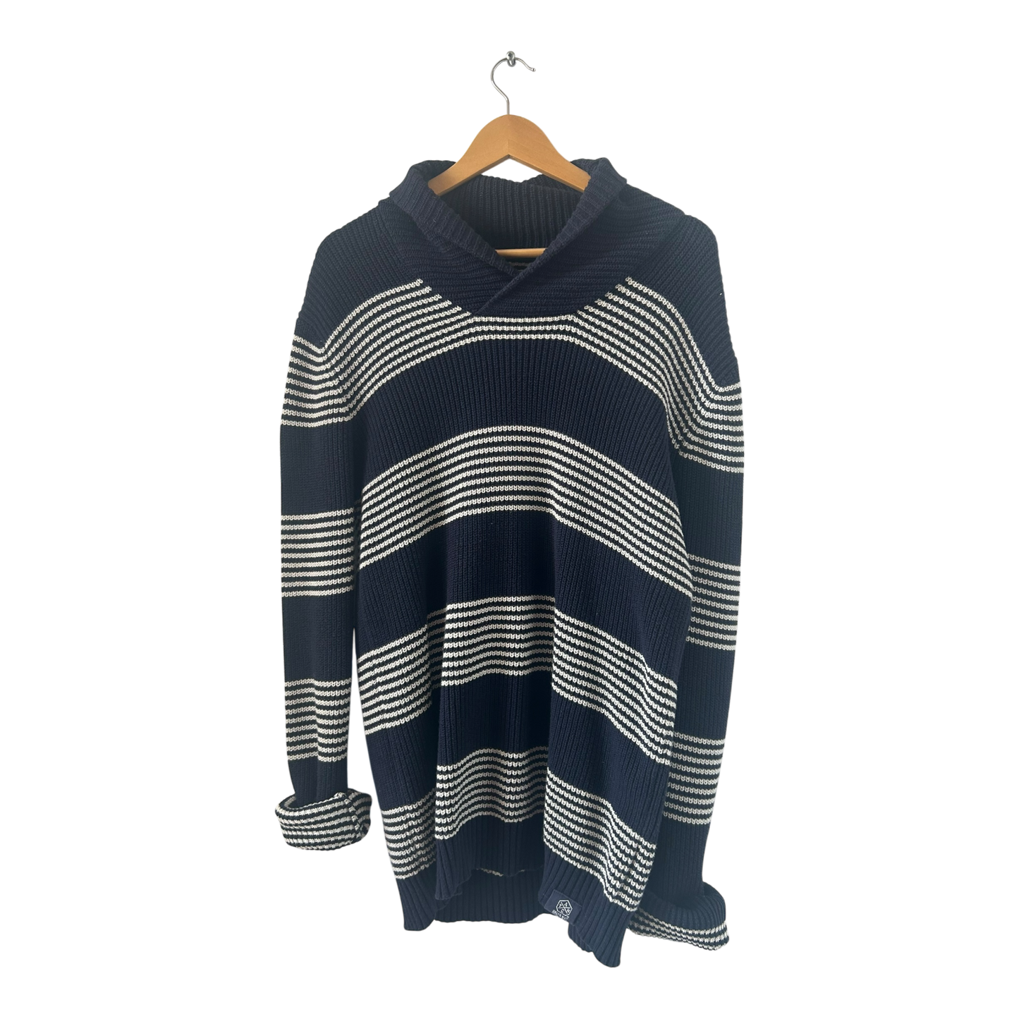 Angelo Litrico Pullover Herren M Blau Weiß Gestreift Baumwolle Schalkragen Casual