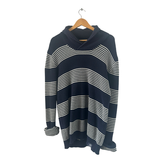 Angelo Litrico Pullover Herren M Blau Weiß Gestreift Baumwolle Schalkragen Casual
