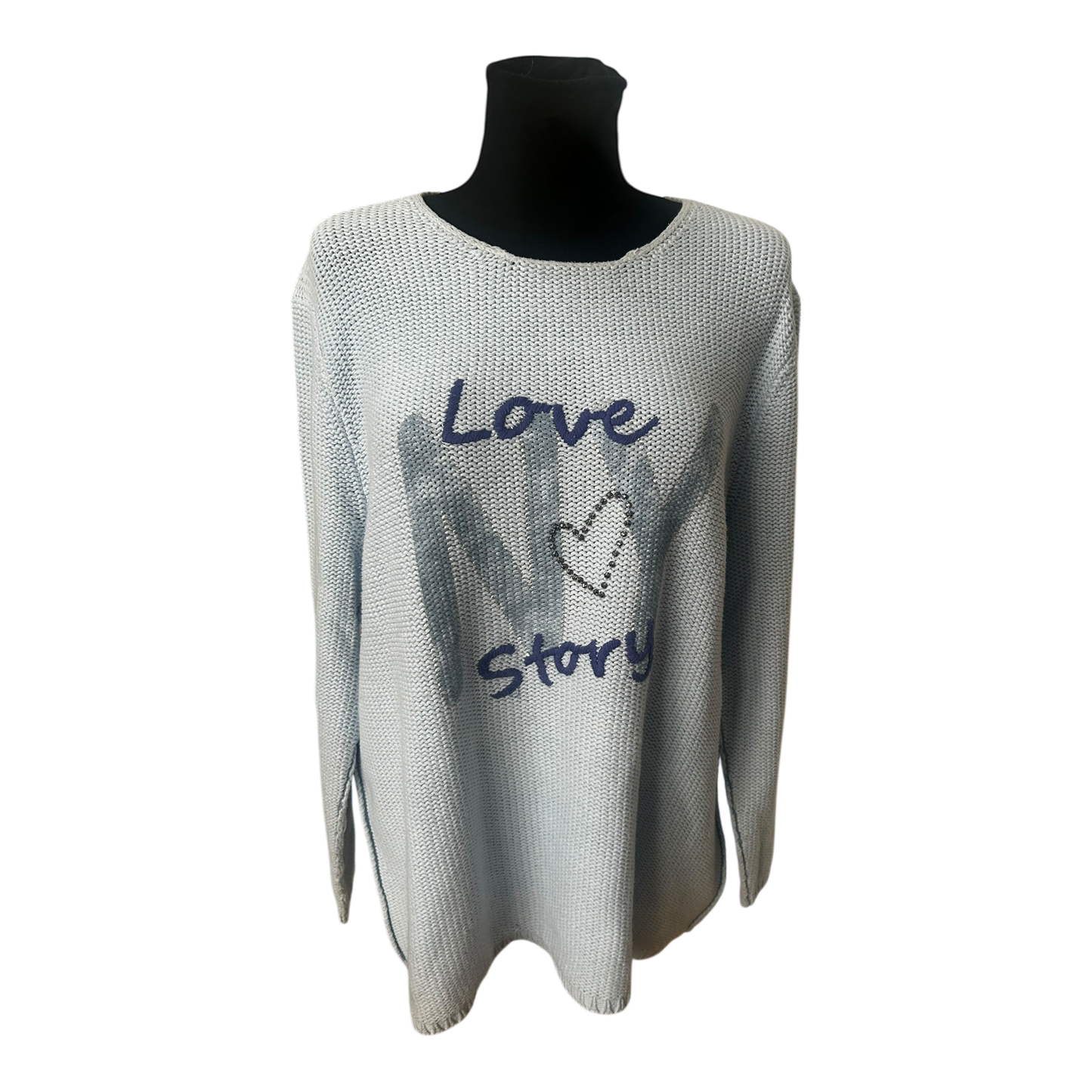 Six o Seven Pullover Damen Hellblau Oversize Langarm Grobstrick Love Print