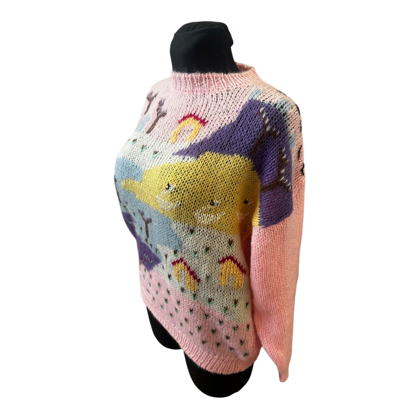 Vintage Damen Pullover Gr 36 Rundhals Grobstrick Mohair Wolle Bunt