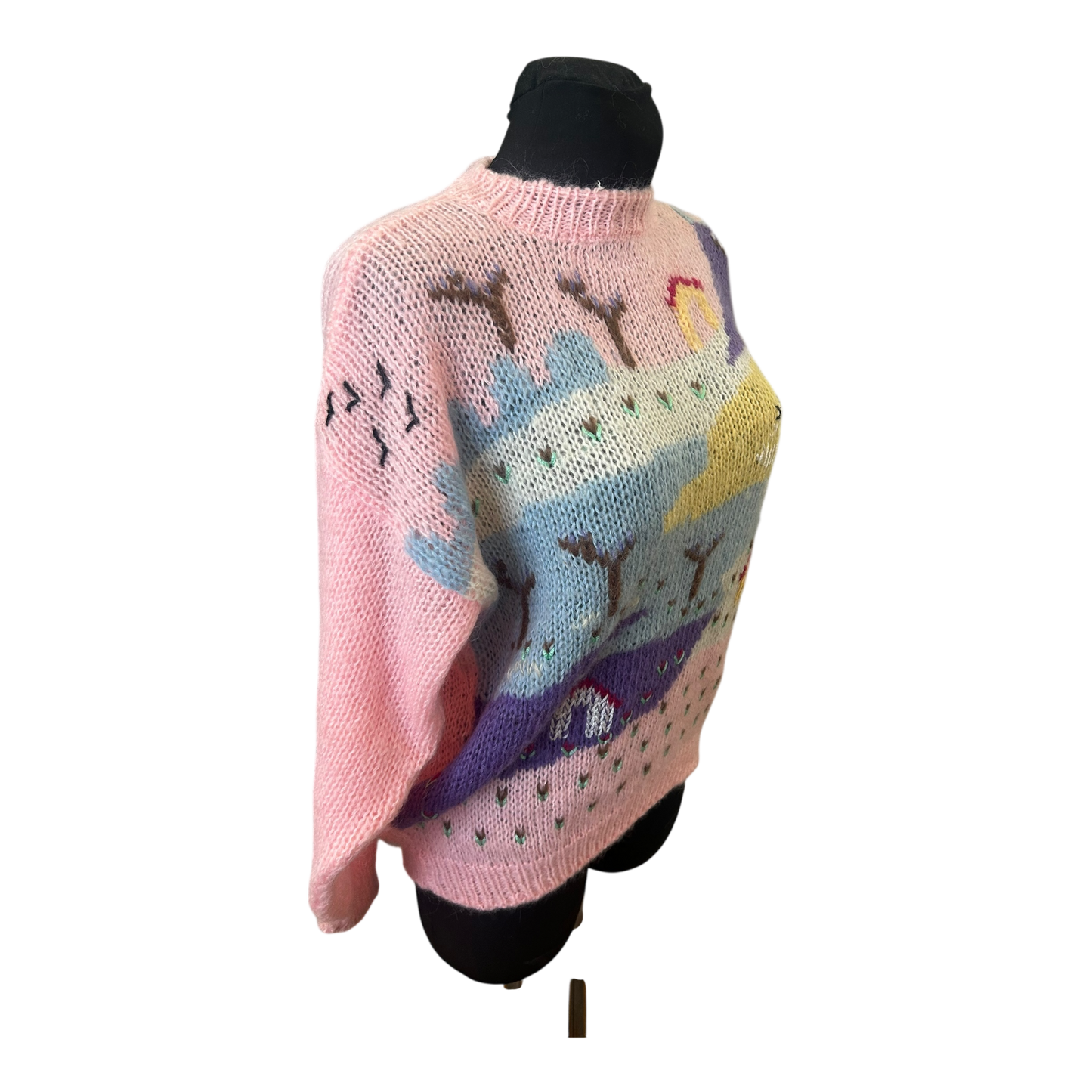 Vintage Damen Pullover Gr 36 Rundhals Grobstrick Mohair Wolle Bunt