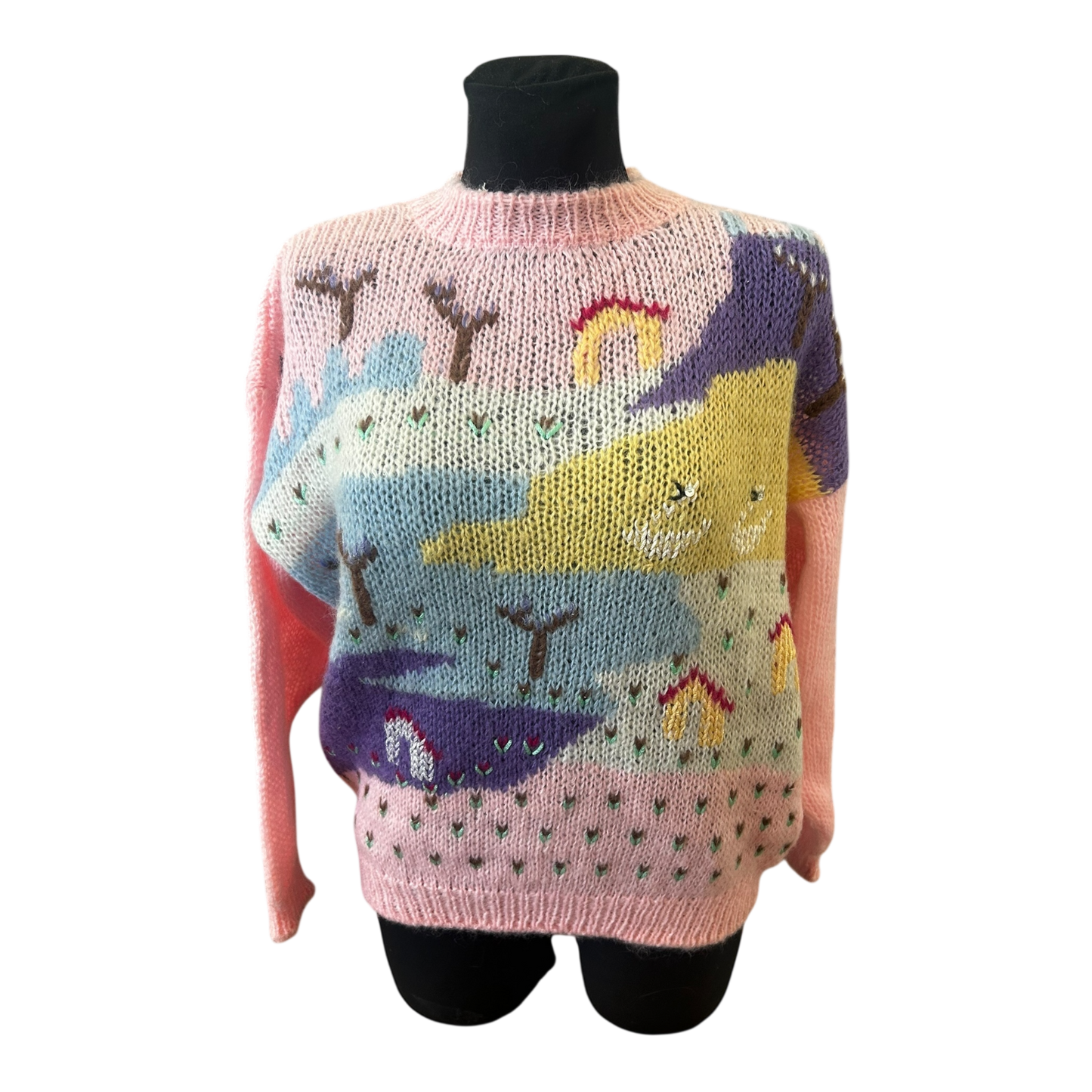 Vintage Damen Pullover Gr 36 Rundhals Grobstrick Mohair Wolle Bunt