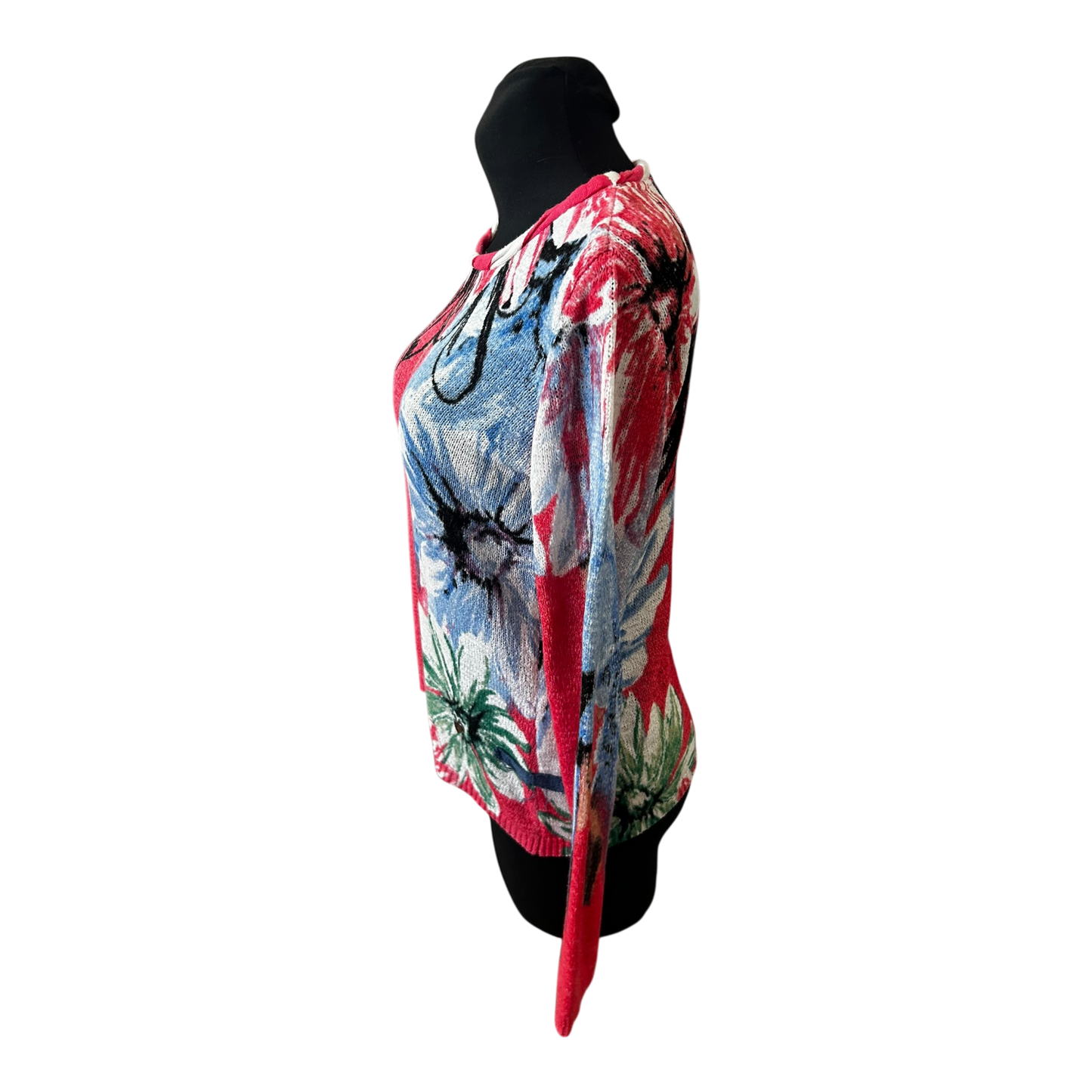 Biba Damen Pullover Gr M Rot Blau Blumenmuster Strick Langarm Elegant