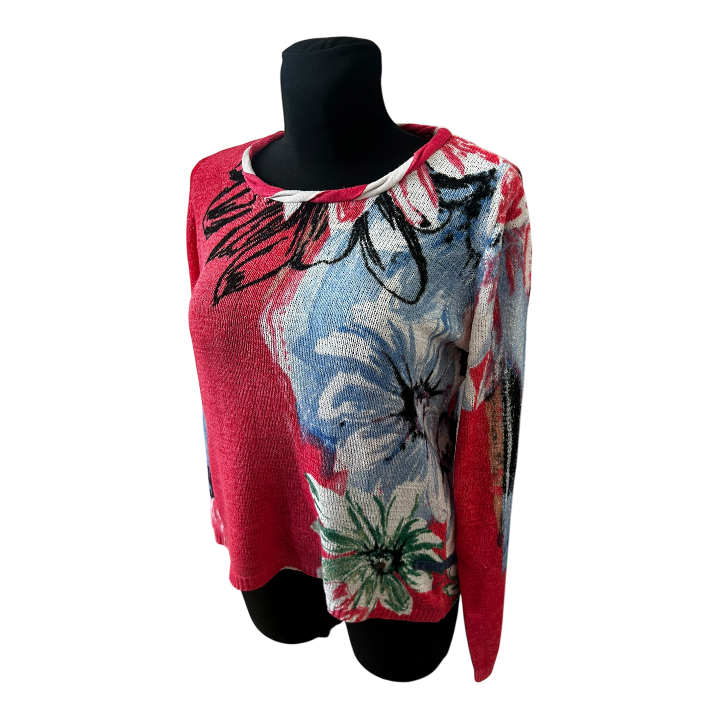 Biba Damen Pullover Gr M Rot Blau Blumenmuster Strick Langarm Elegant