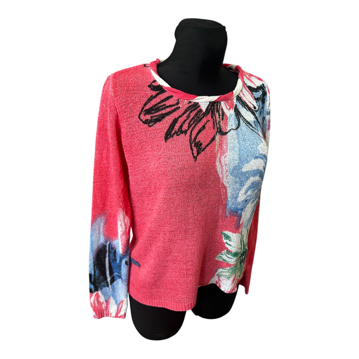 Biba Damen Pullover Gr M Rot Blau Blumenmuster Strick Langarm Elegant