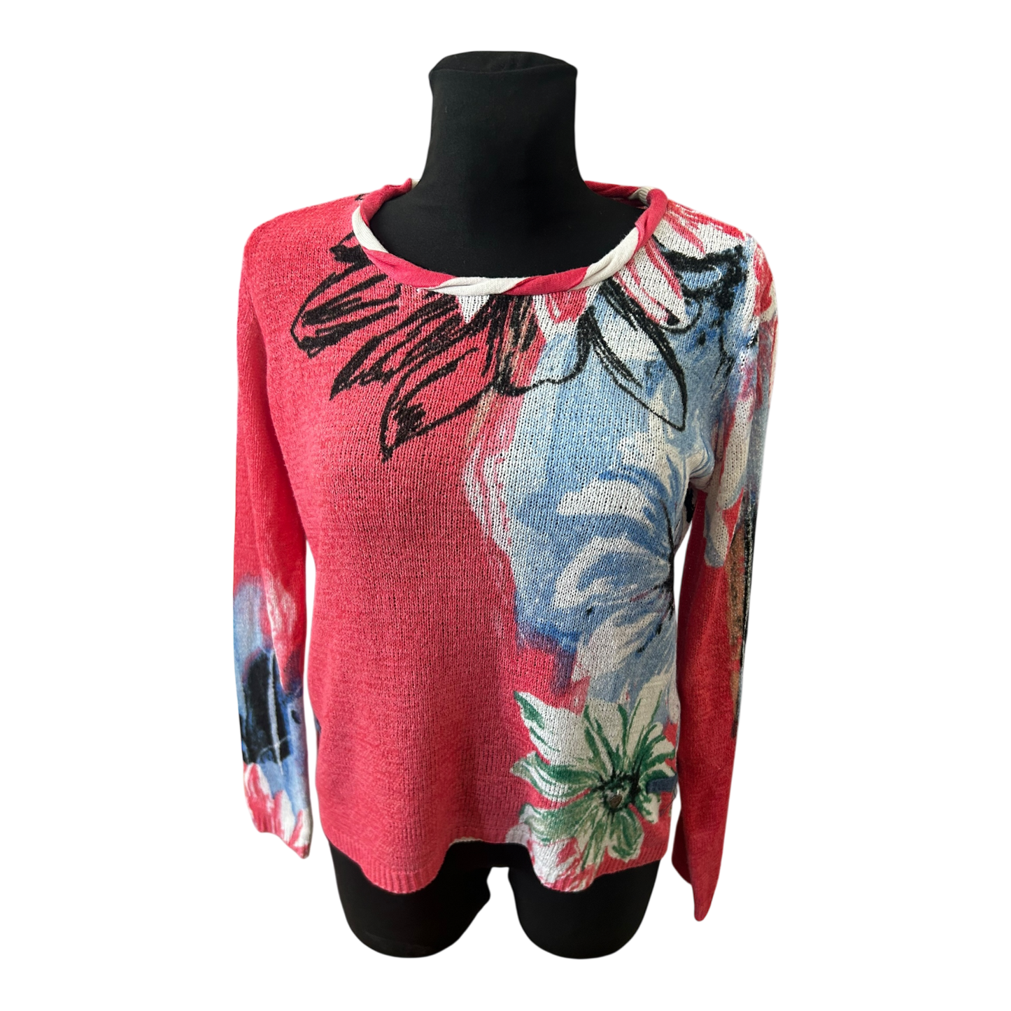 Biba Damen Pullover Gr M Rot Blau Blumenmuster Strick Langarm Elegant