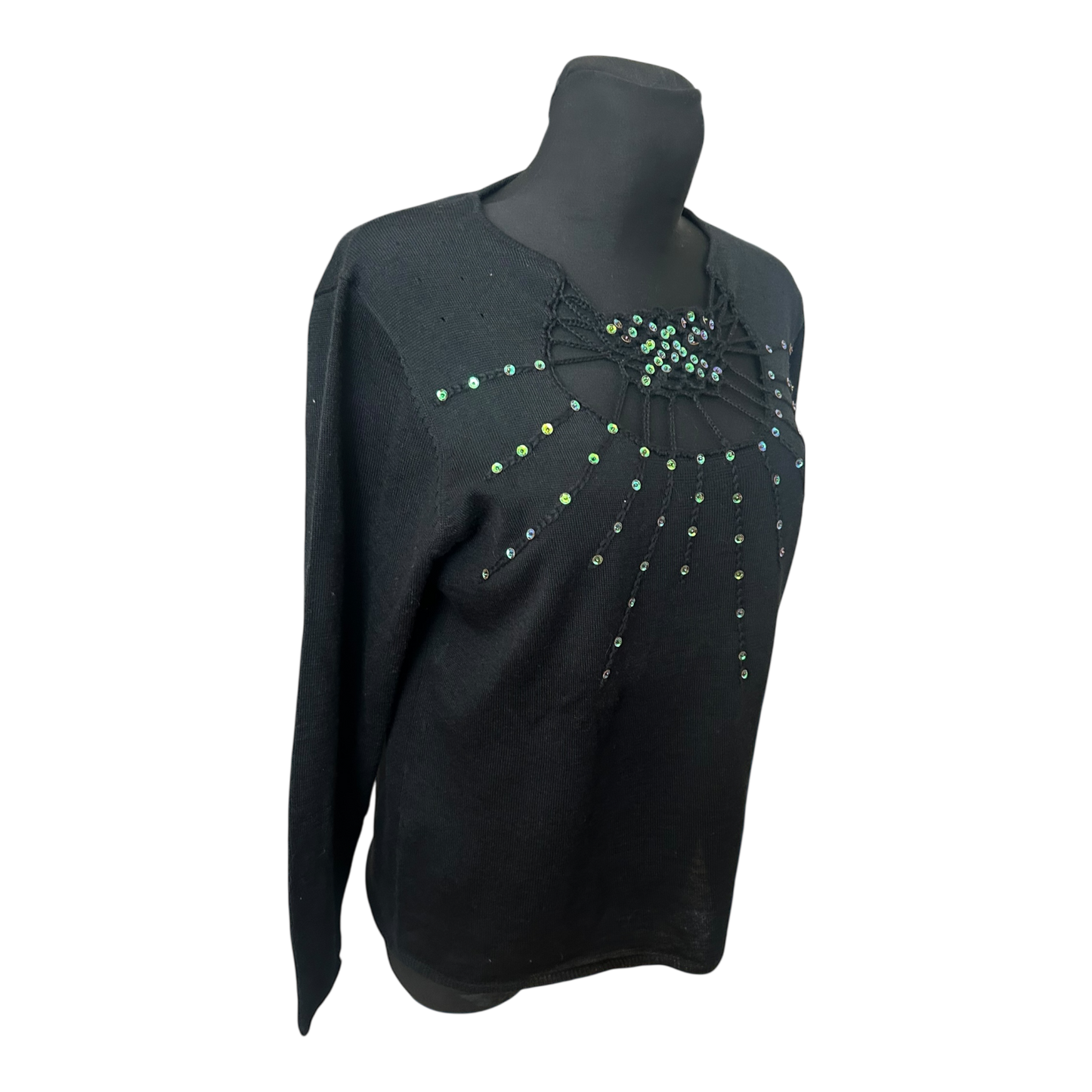 Damen Pullover Schwarz Gr 44 Langarm Strass Elegant Feinstrick Klassisch