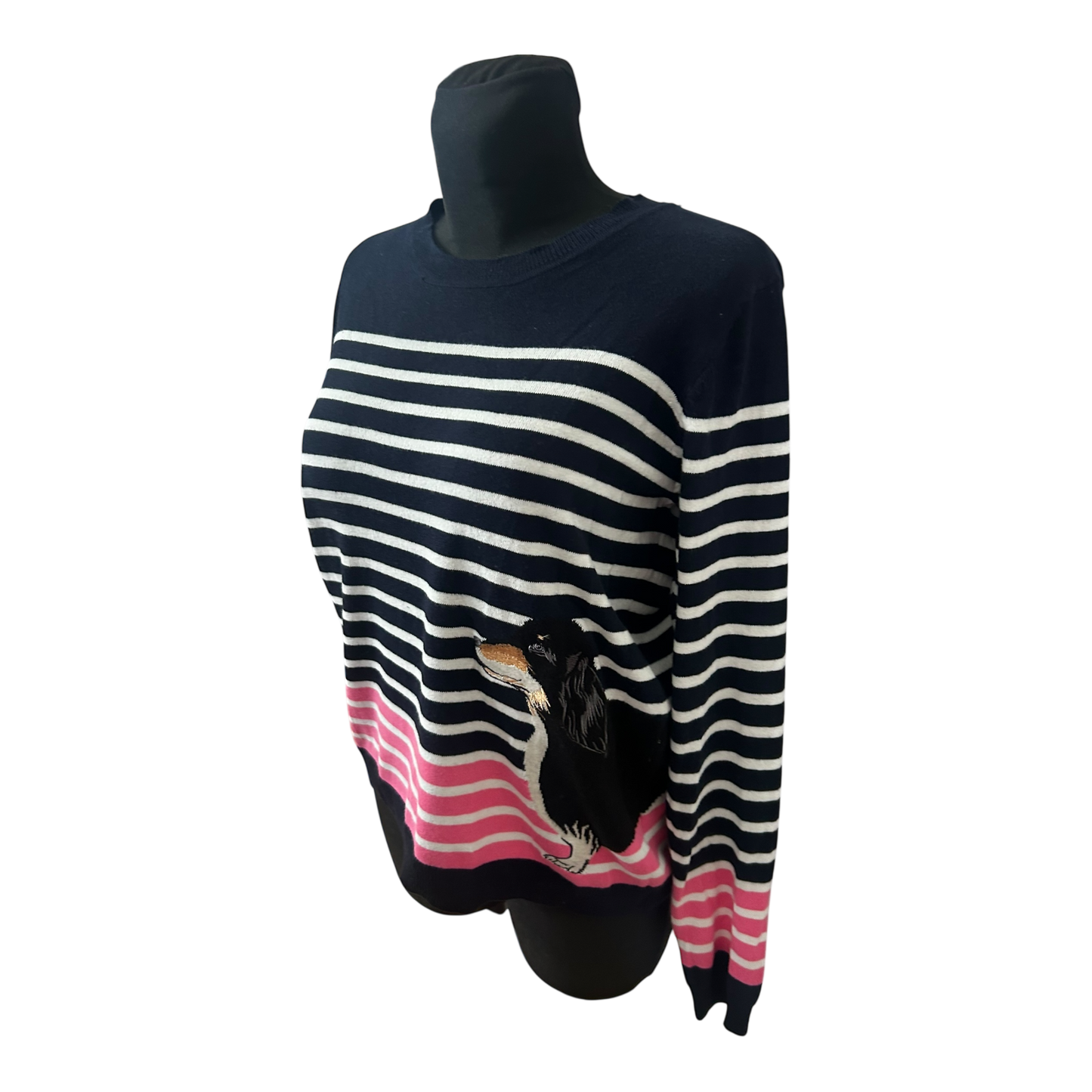 Oasis Pullover Damen Streifen Dackel Motiv Größe L Baumwolle Langarm Rundhals