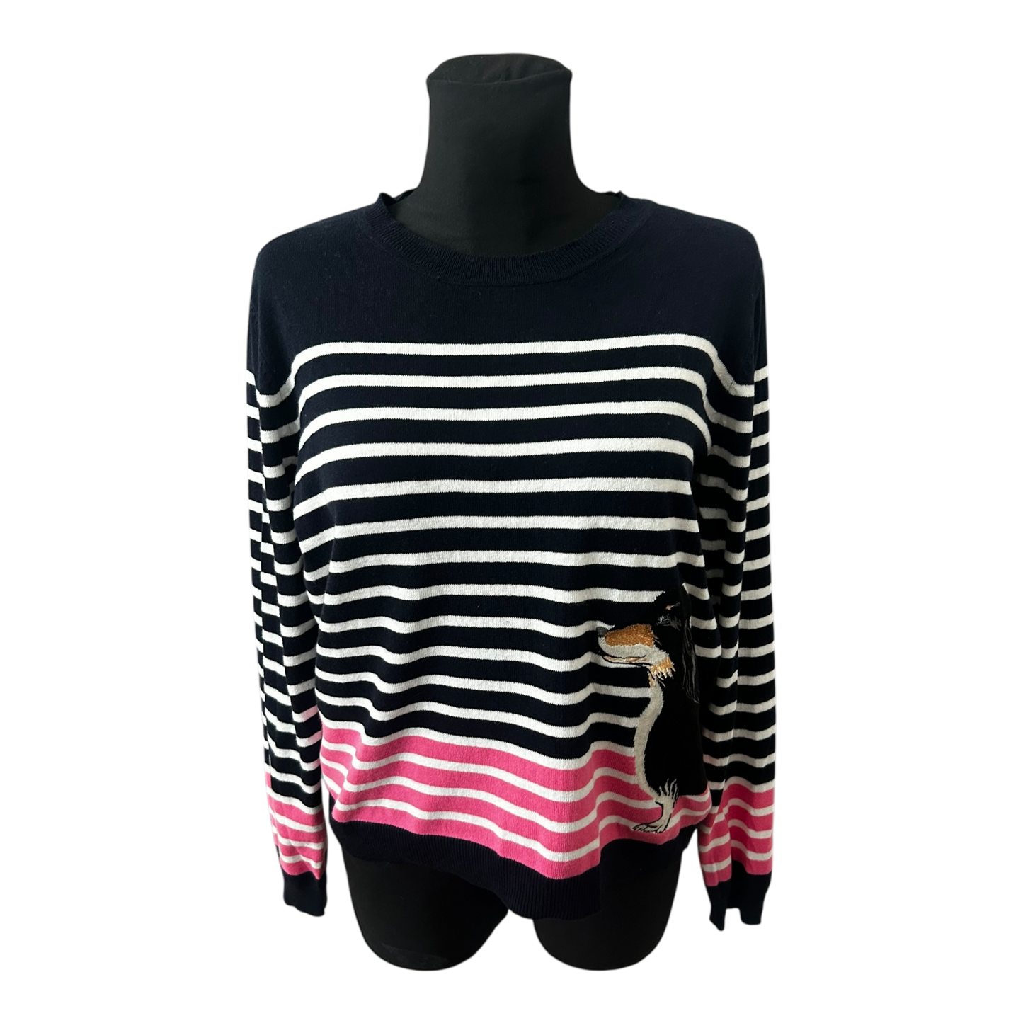 Oasis Pullover Damen Streifen Dackel Motiv Größe L Baumwolle Langarm Rundhals