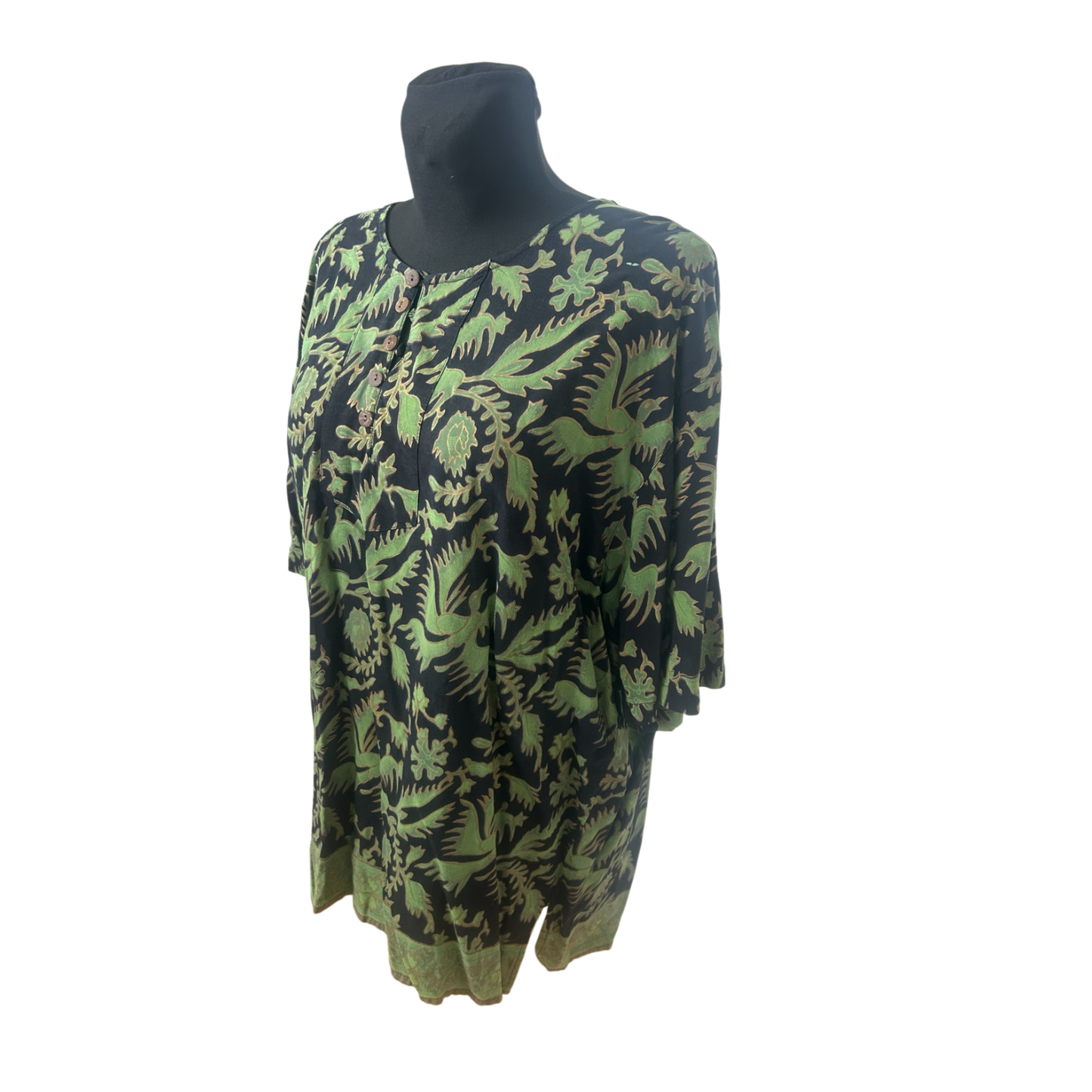 Damen Bluse Gr L Grün Schwarz Muster Viskose Sommer Locker Lang Casual