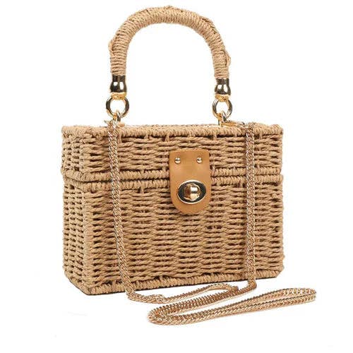 Strohtasche Beige Rechteckig Damen Tasche Drehverschluss Sommer Korbtasche Neu