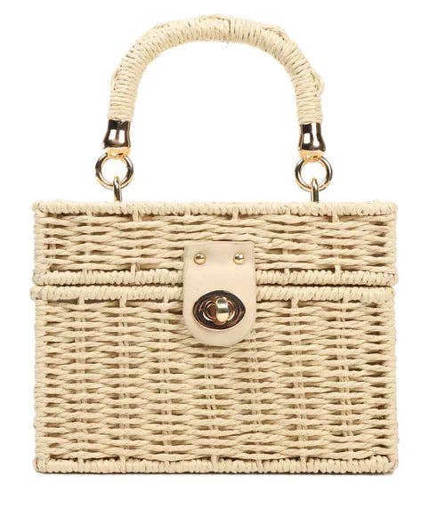 Strohtasche Sand Rechteckig Damen Tasche Drehverschluss Sommer Korbtasche Neu