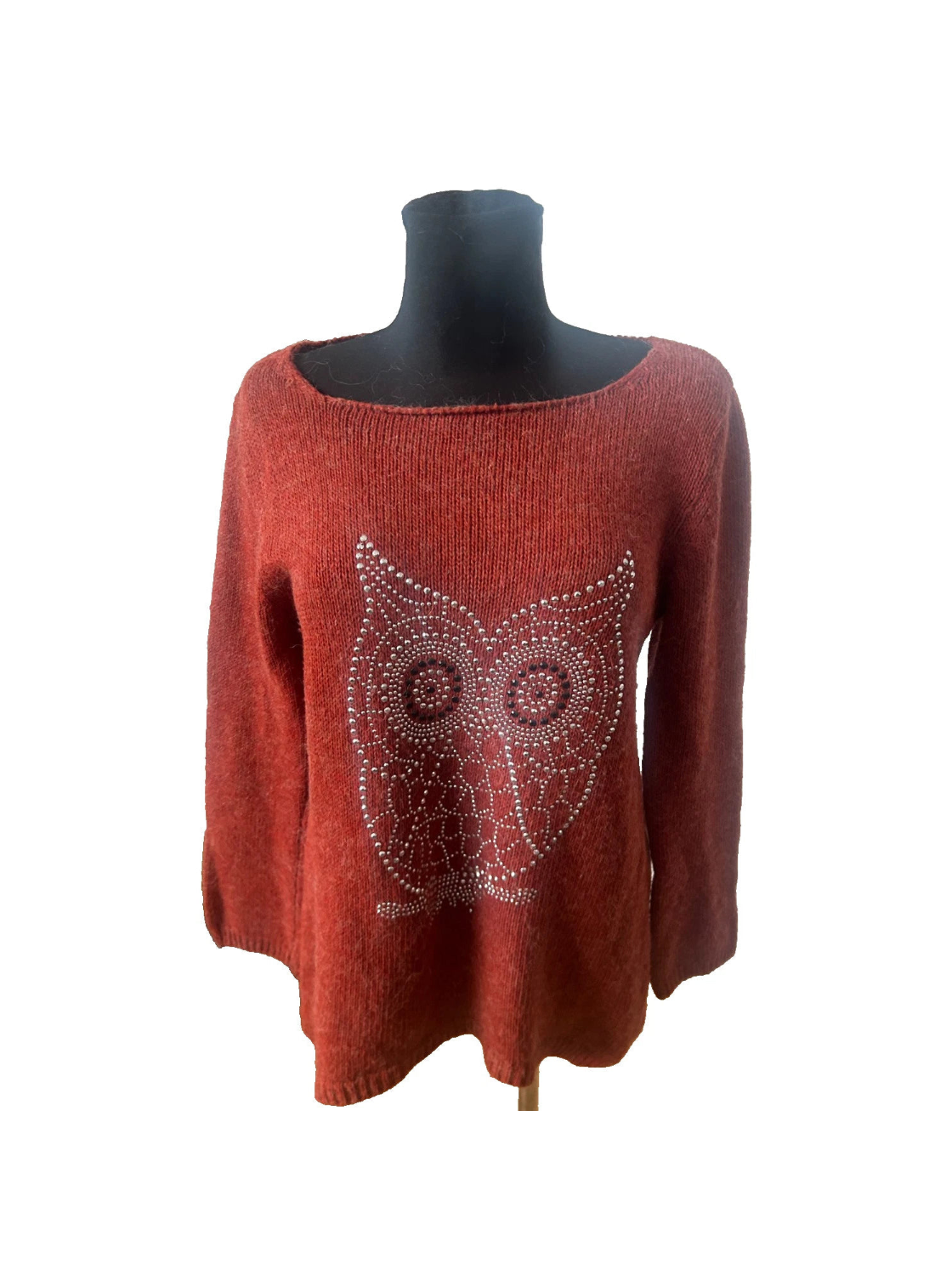 Damen Strickpullover Gr M Orangerot Eule Metallapplikation Made in Italy Wollmix