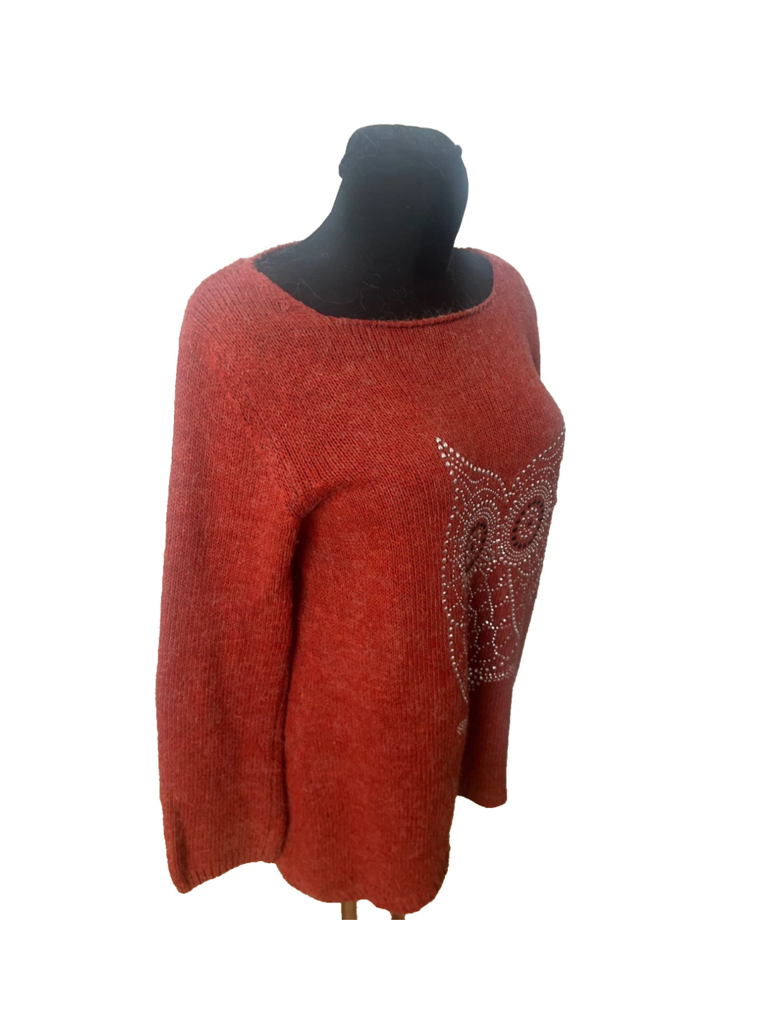 Damen Strickpullover Gr M Orangerot Eule Metallapplikation Made in Italy Wollmix